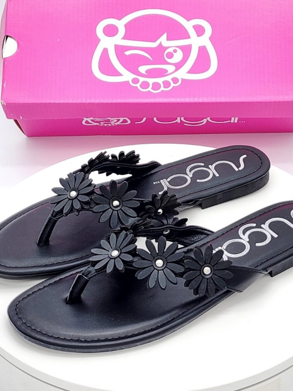 Sugar Finnesse Black Daisy Embellished Thong Flat Sandals Women’s Size 9.5 - Picture 5 of 8